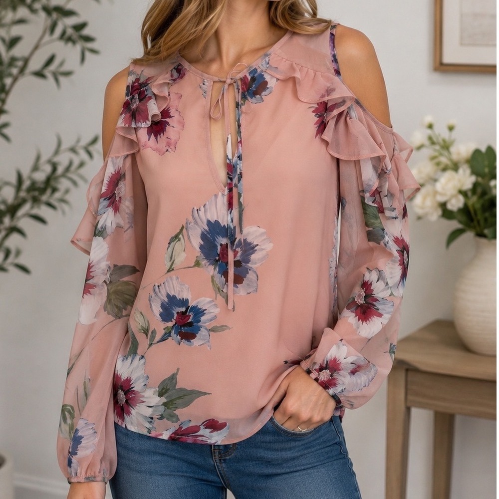 Yumi Kim Pink Floral Cold Shoulder Ruffle Blouse Keyhole Tie Neck Small